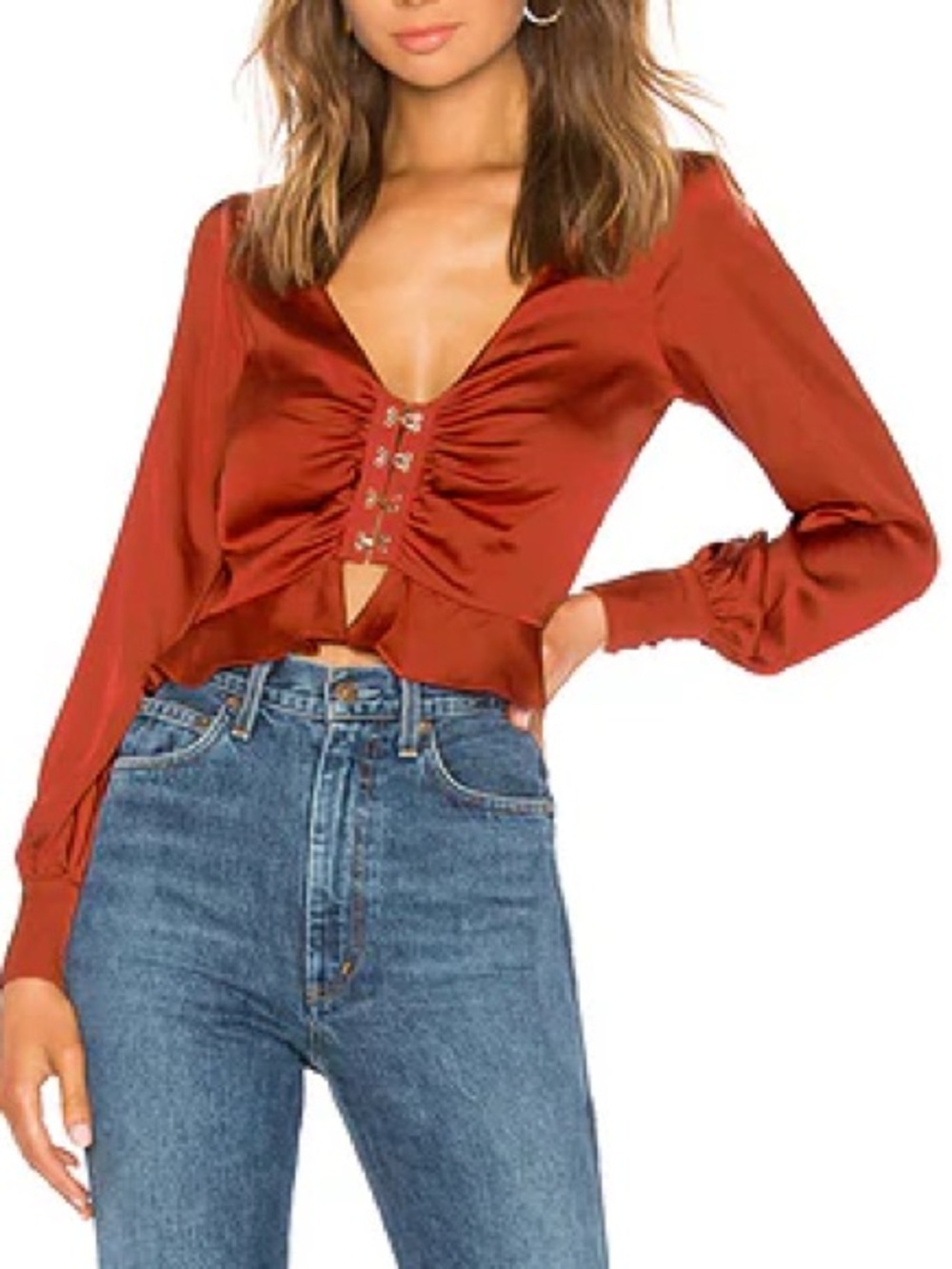For Love And Lemons Isabella Ruched Top in Rust Long Sleeve